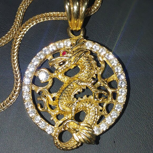 Gold Chinese Dragon Year Pendant Necklace Gold Tone Rhinestones 22 inch Chain - Picture 7 of 14